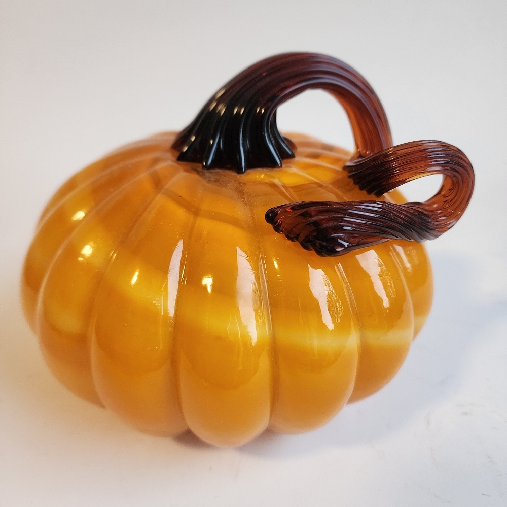 Halloween Art Glass Pumpkin Black Stem Orange Spooky Gourd Classic Halloween 4”